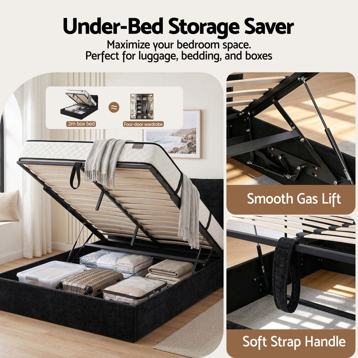 Cortona Queen Gas Lift Bed Frame, Black