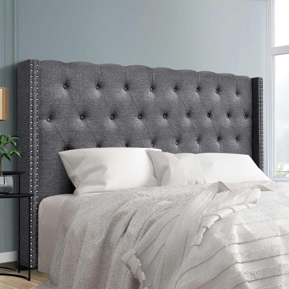 Shannons Flat grey winged upholstered bed head in a modern bedroom