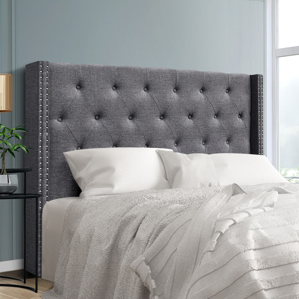 Shannons Flat grey winged upholstered bed head in a modern bedroom