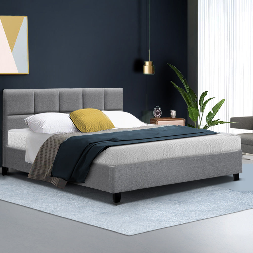 Lecco grey Queen bed frame in a modern bedroom