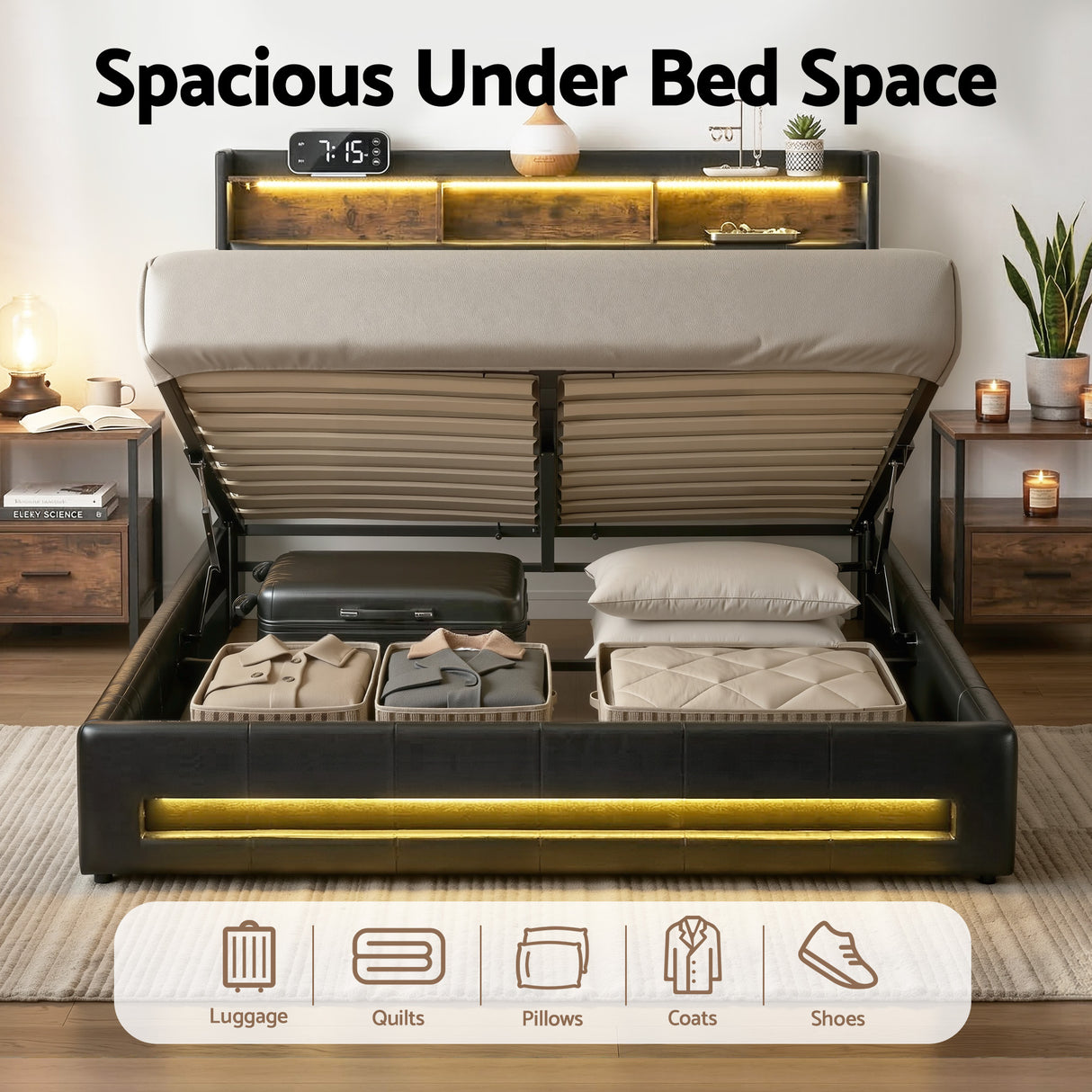Verona Double Gas Lift Bed with LED, view 6