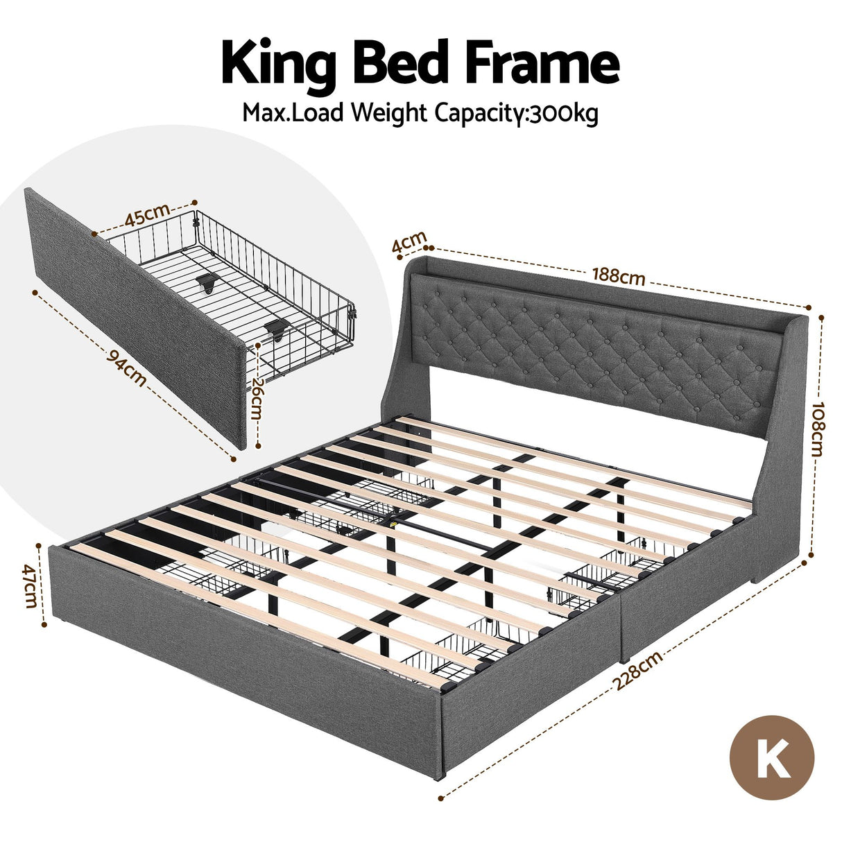 Viareggio King Storage Bed Frame, Charcoal