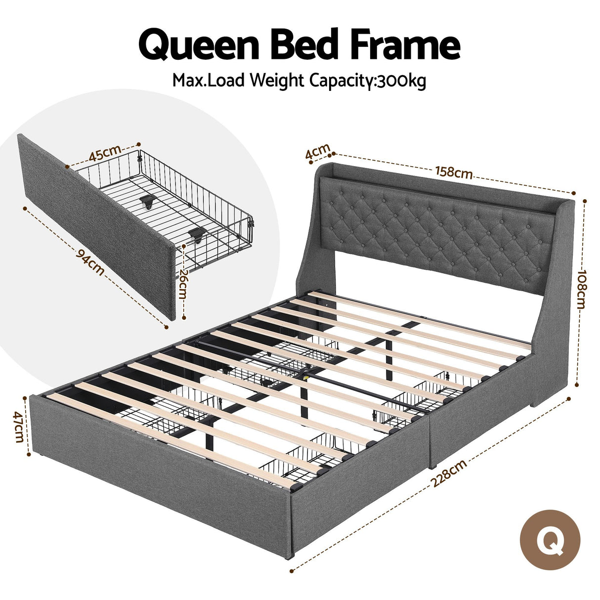 Viareggio Queen Storage Bed Frame, Charcoal
