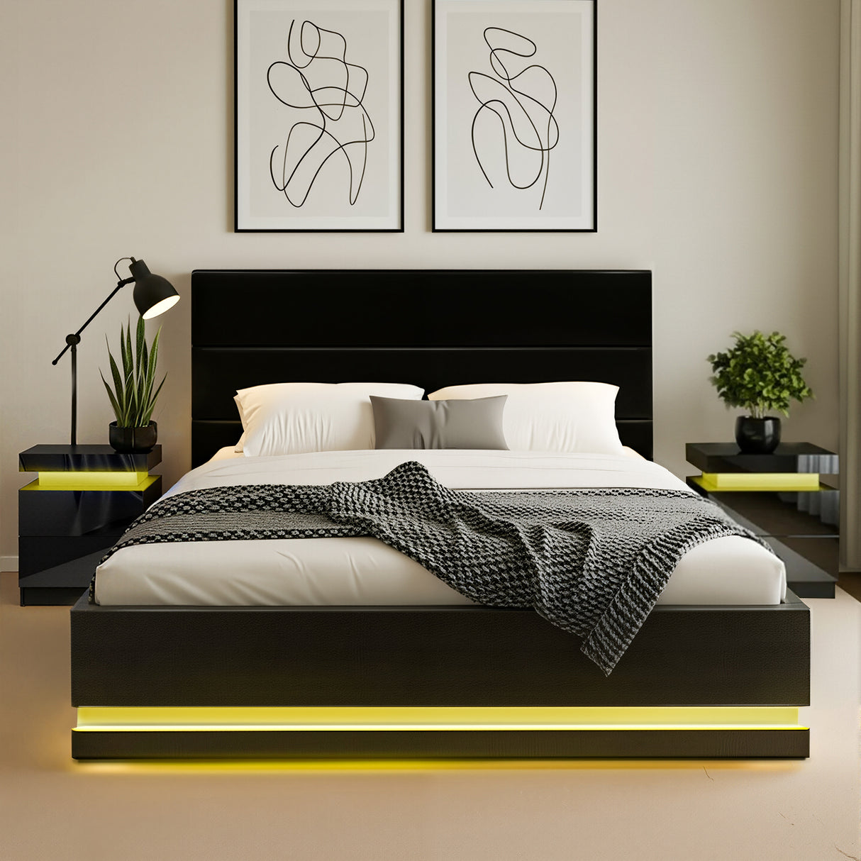 Montalcino Black Queen bed frame in a modern bedroom