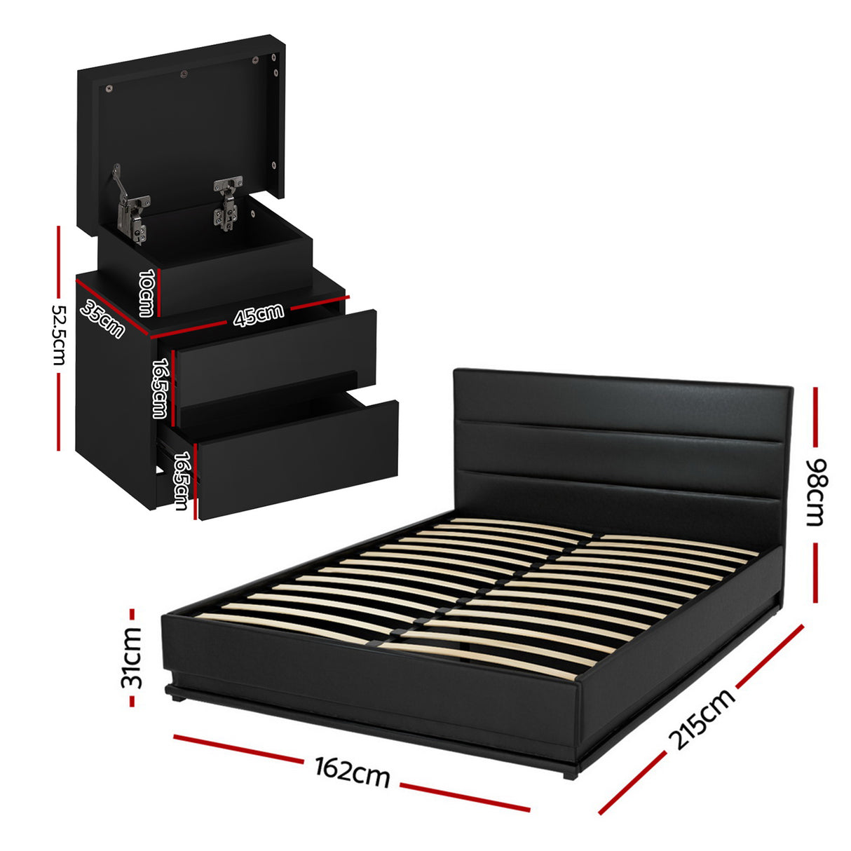 Montalcino Queen Bed Frame with Bedside Tables, Black