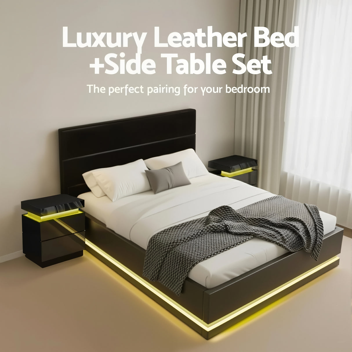 Montalcino Queen Bed Frame with Bedside Tables, Black