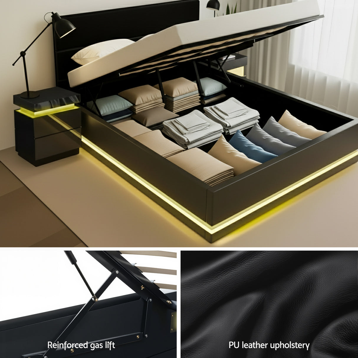 Montalcino Queen Bed Frame with Bedside Tables, Black