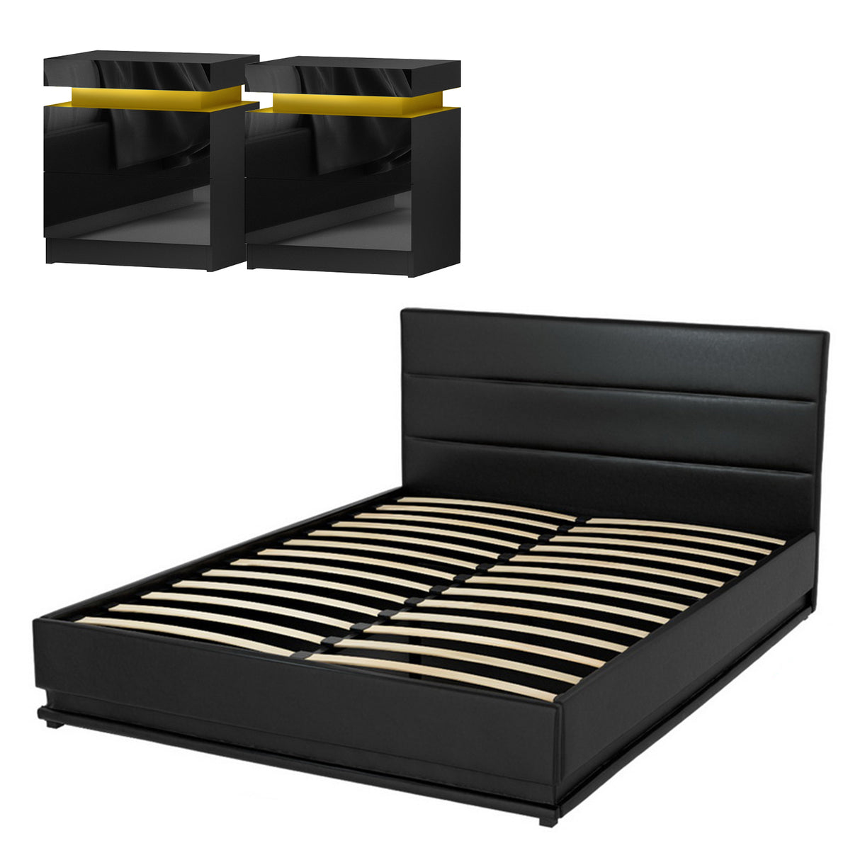 Montalcino Queen Bed Frame with Bedside Tables, Black