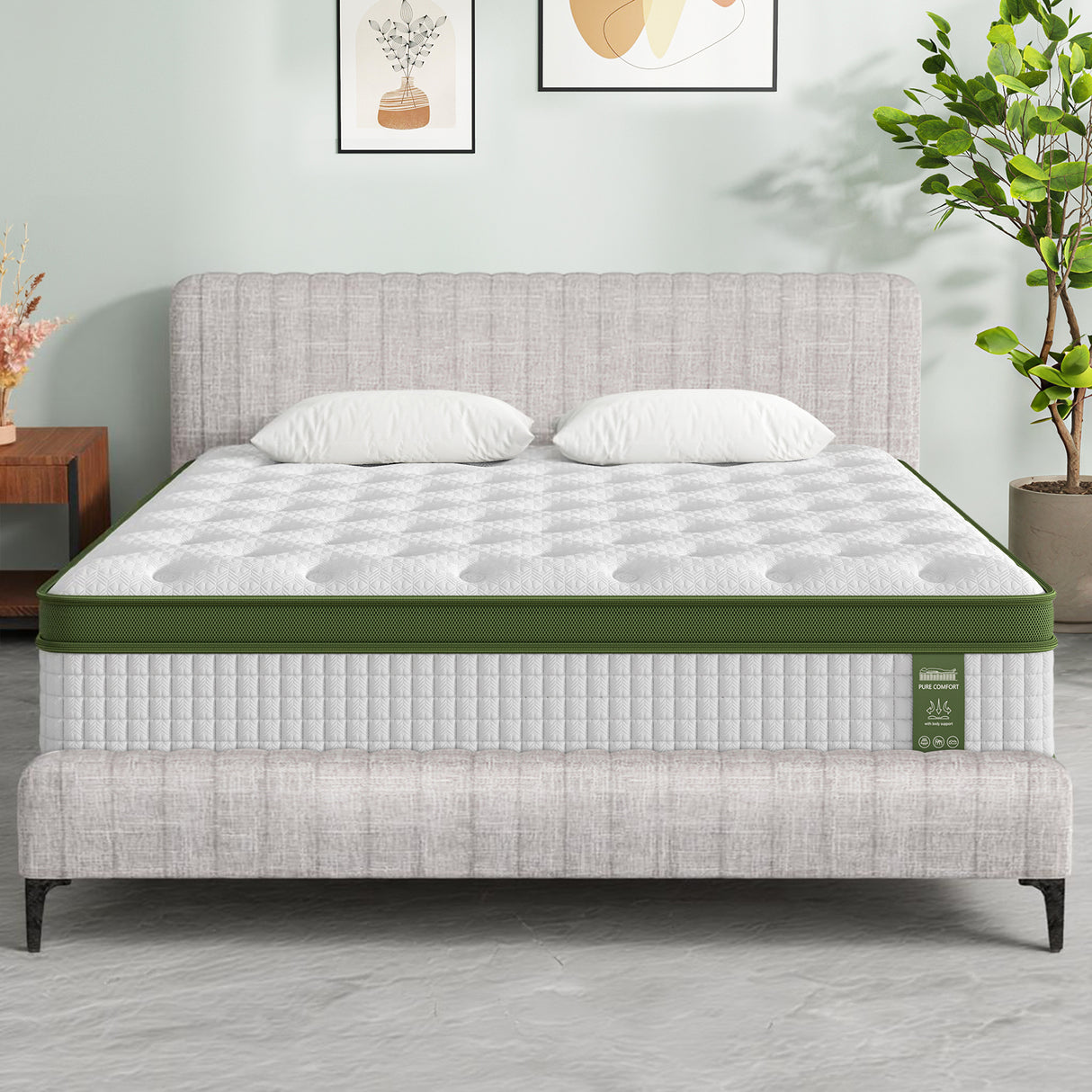 Bibbiena Beige Queen bed frame in a modern bedroom