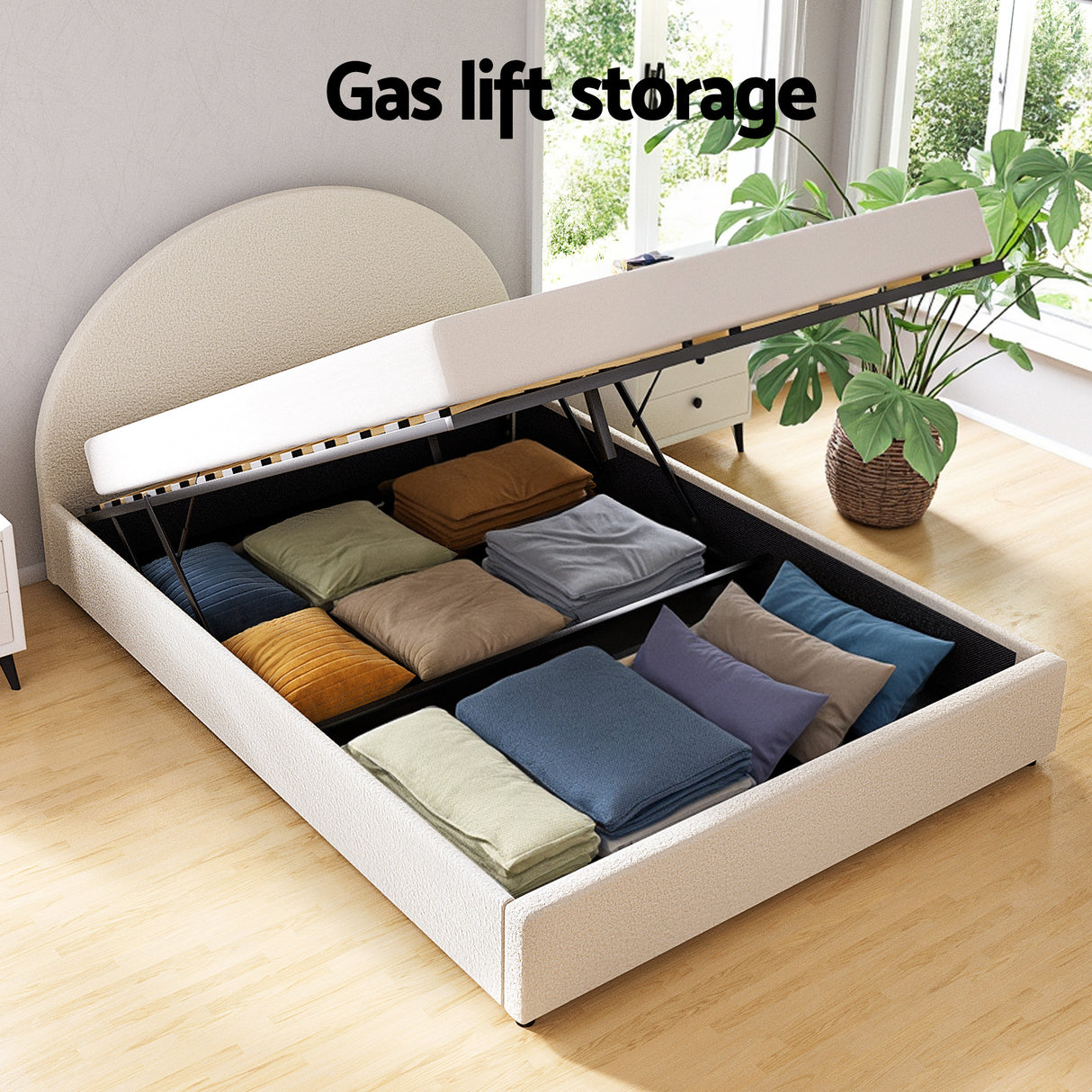 Poppi Queen Bed Frame with Bedside Table, Beige