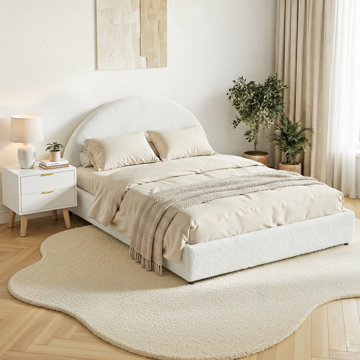 Poppi Queen Bed Frame with Bedside Table, Beige