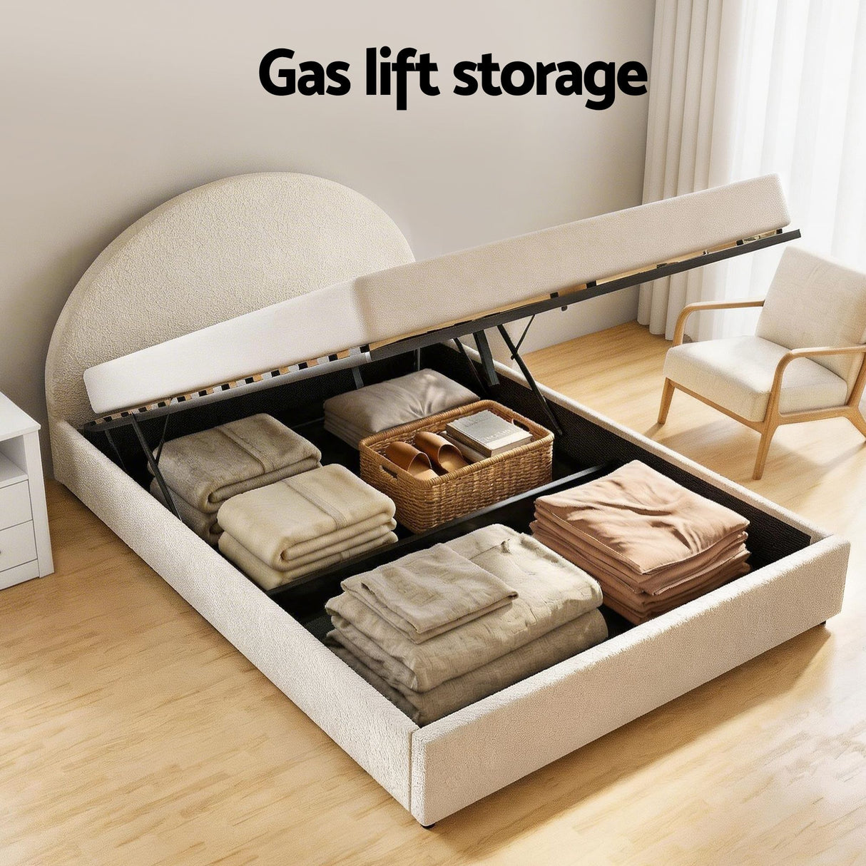 Vinci Queen Bed Frame with Bedside Table, Beige