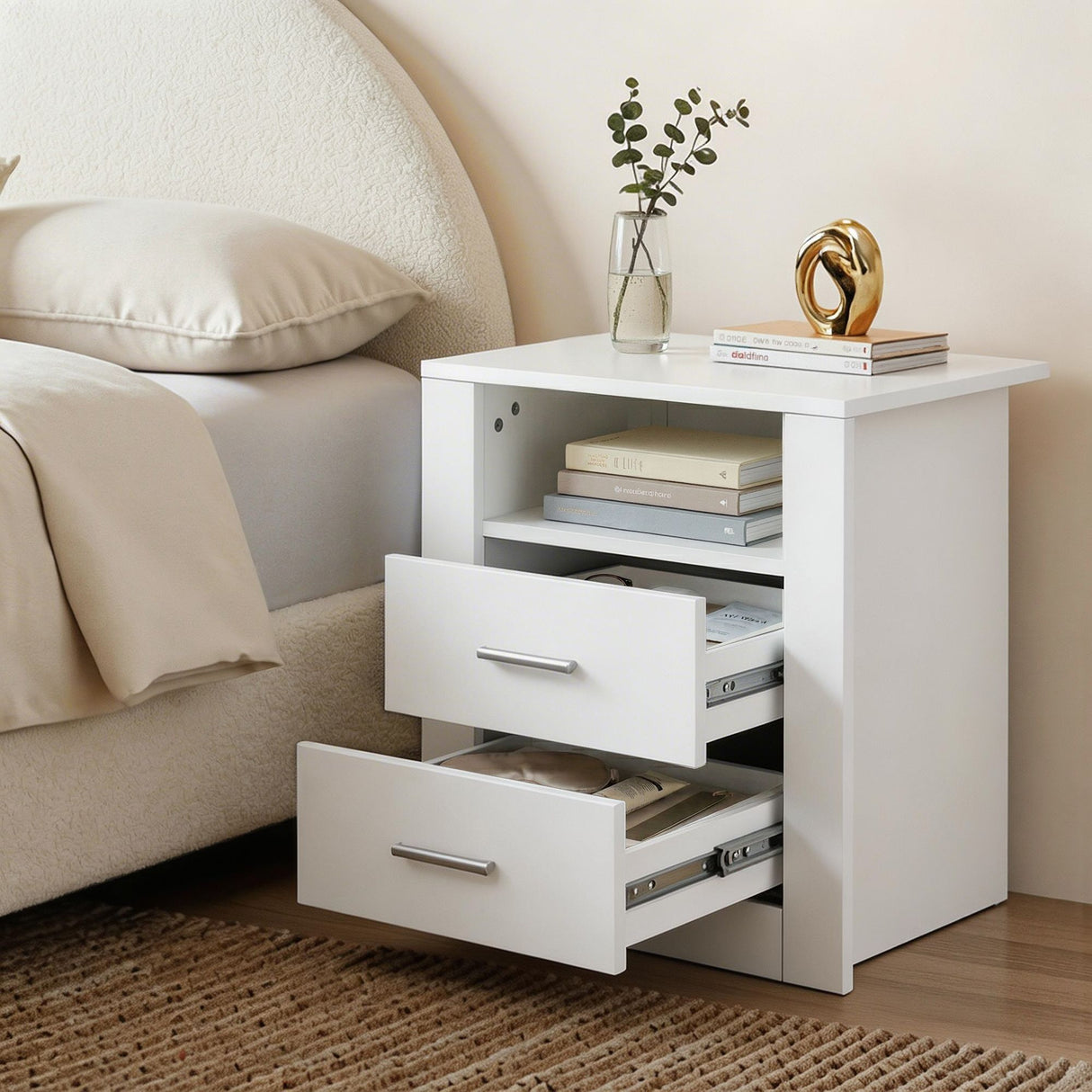 Vinci Queen Bed Frame with Bedside Table, Beige