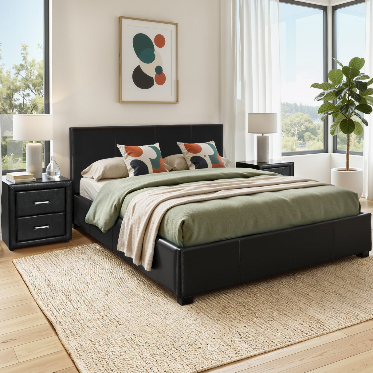 Pescia Black Queen bed frame in a modern bedroom
