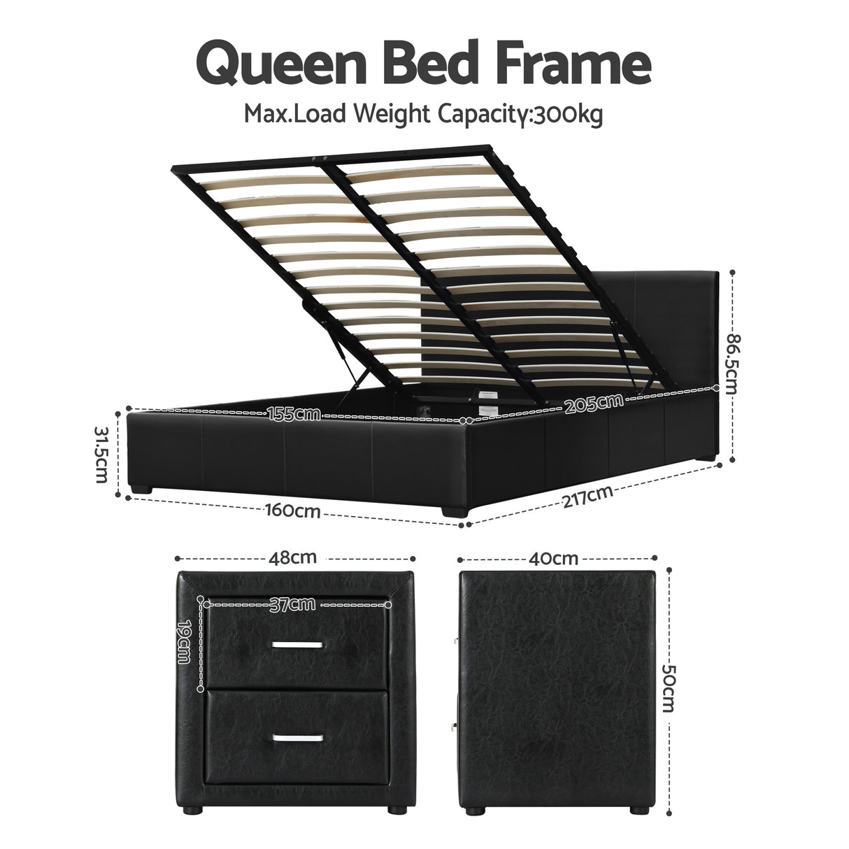 Lennox Gas Lift Queen Bed with Bedside, Black, view 2