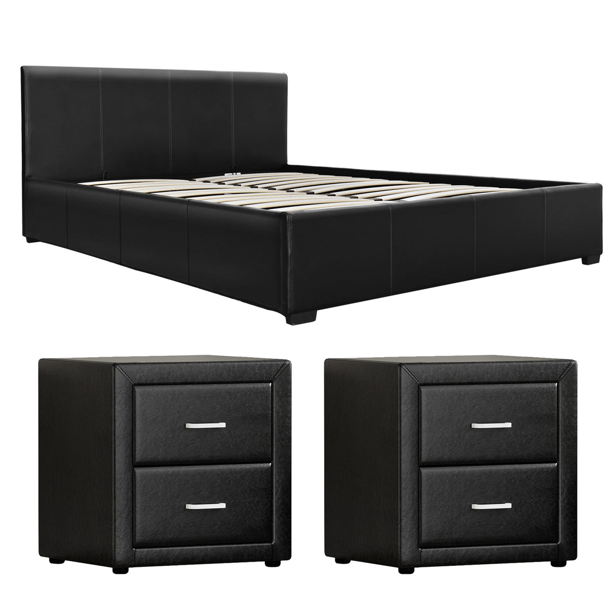 Pescia Queen Bed Frame with Bedside Tables, Black