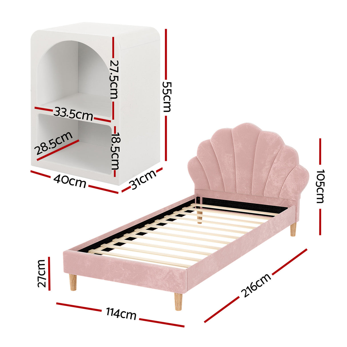 Empoli King Single Bed Frame with Bedside Tables, Pink