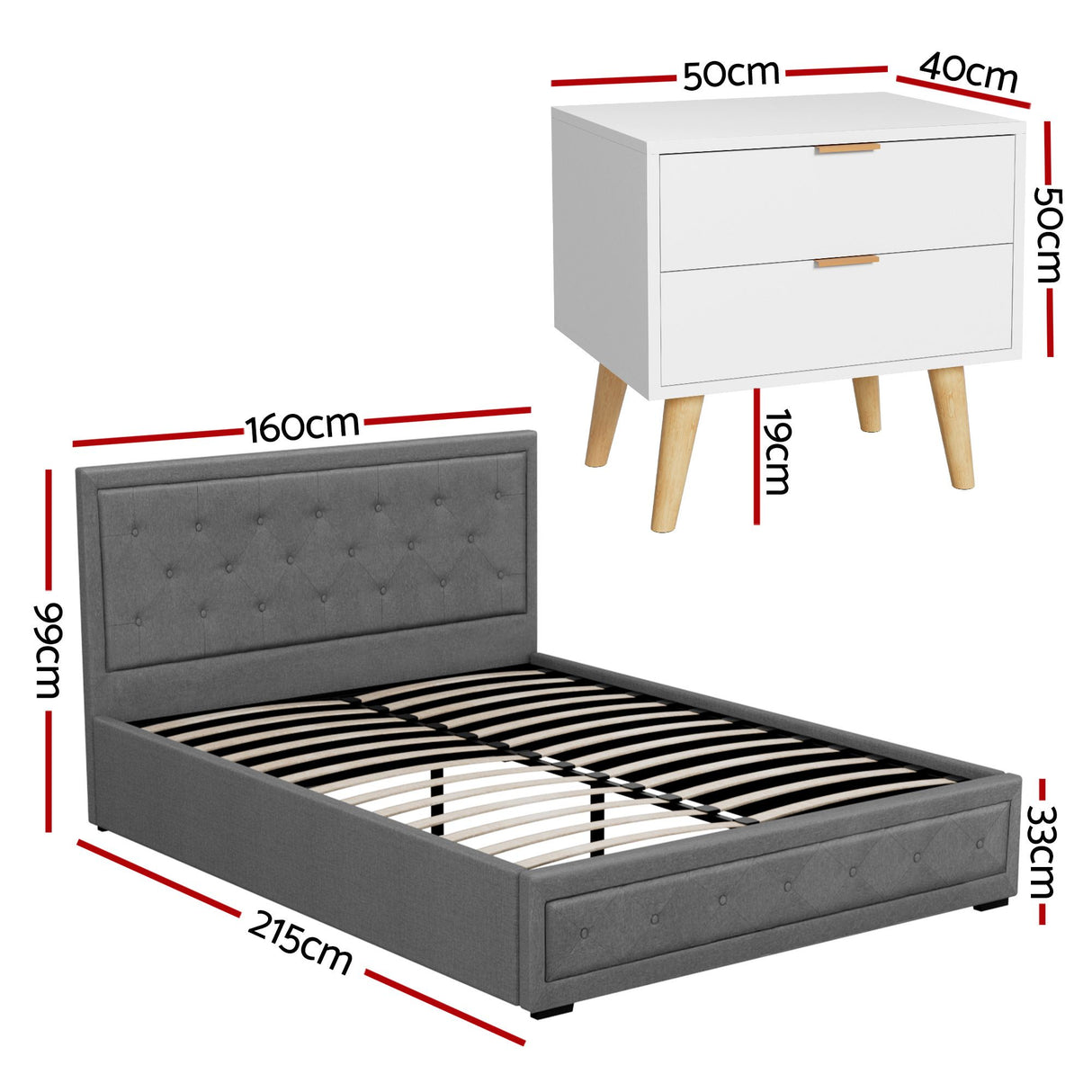 Bergen Upholstered Queen Gas Lift Bed with Bedside Table, view 2