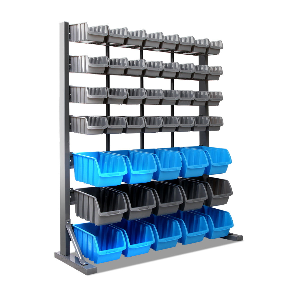 47 bin free standing storage rack in grey and blue