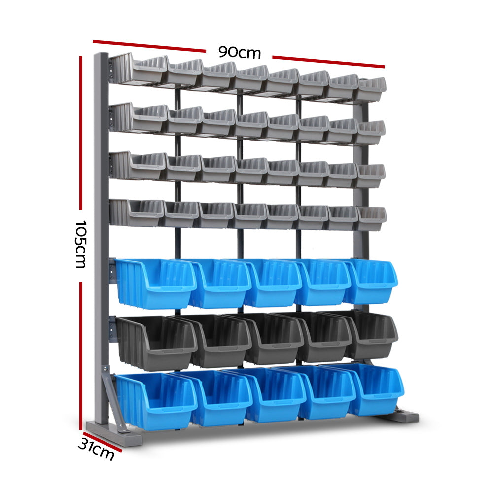 47 bin free standing storage rack in grey and blue view 2