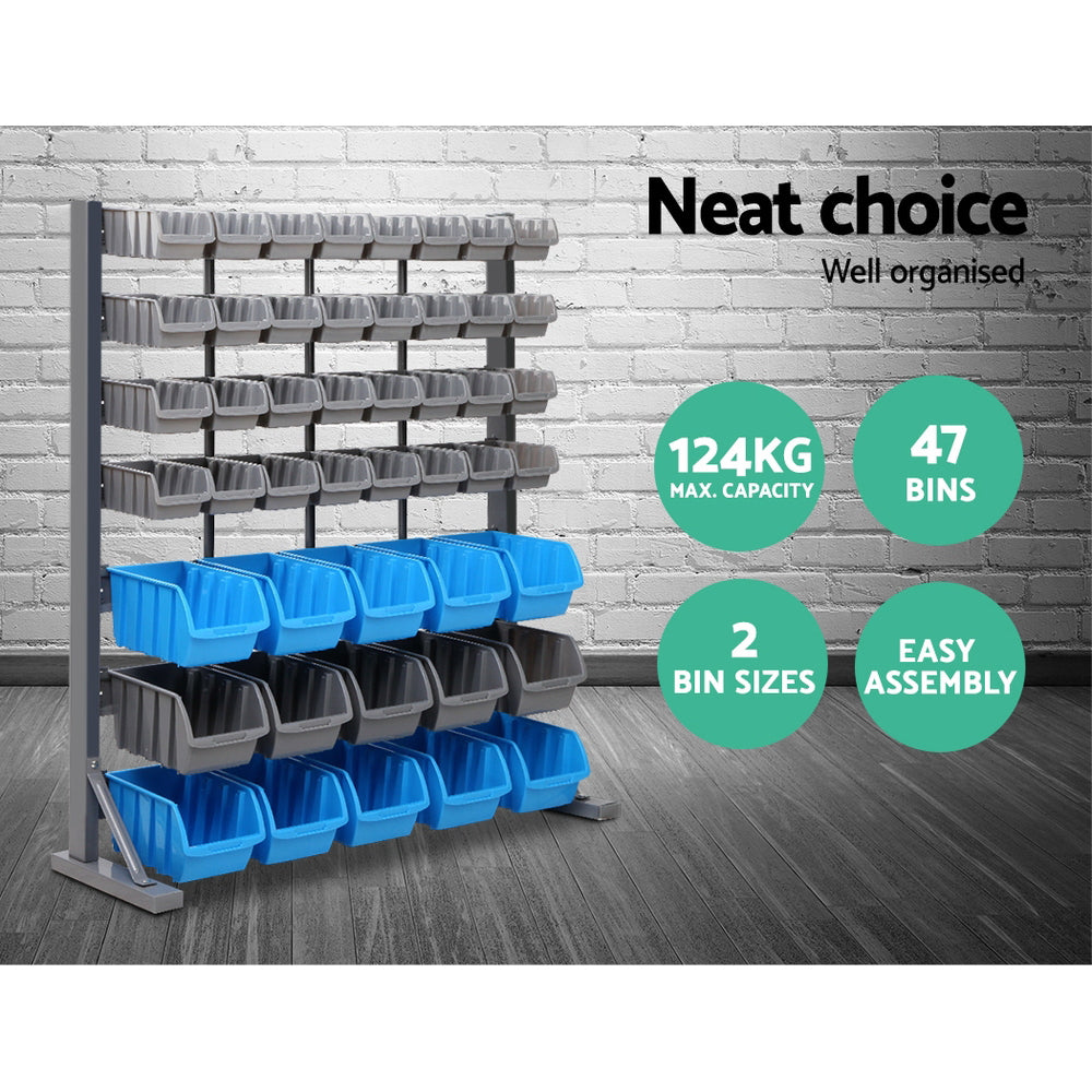 47 bin free standing storage rack in grey and blue view 3