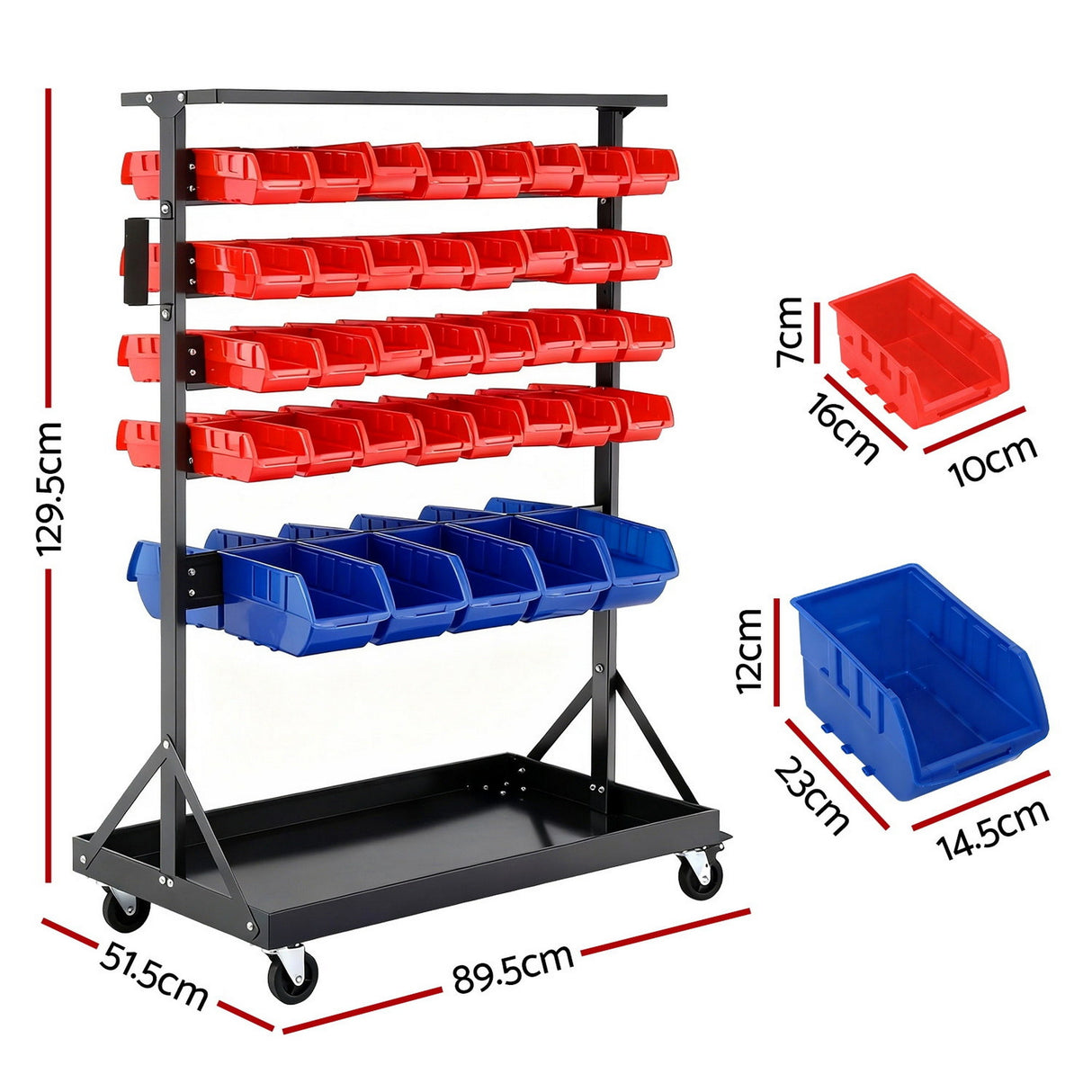 74 Bin Double Sided Mobile Parts Storage Rack loaded with bins