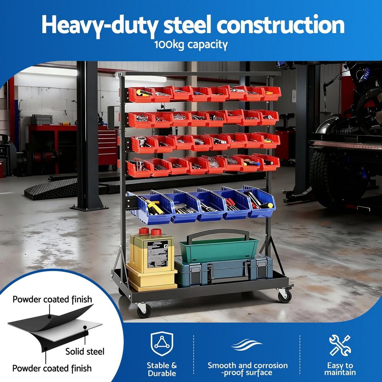 74 Bin Double Sided Mobile Parts Storage Rack lockable castors