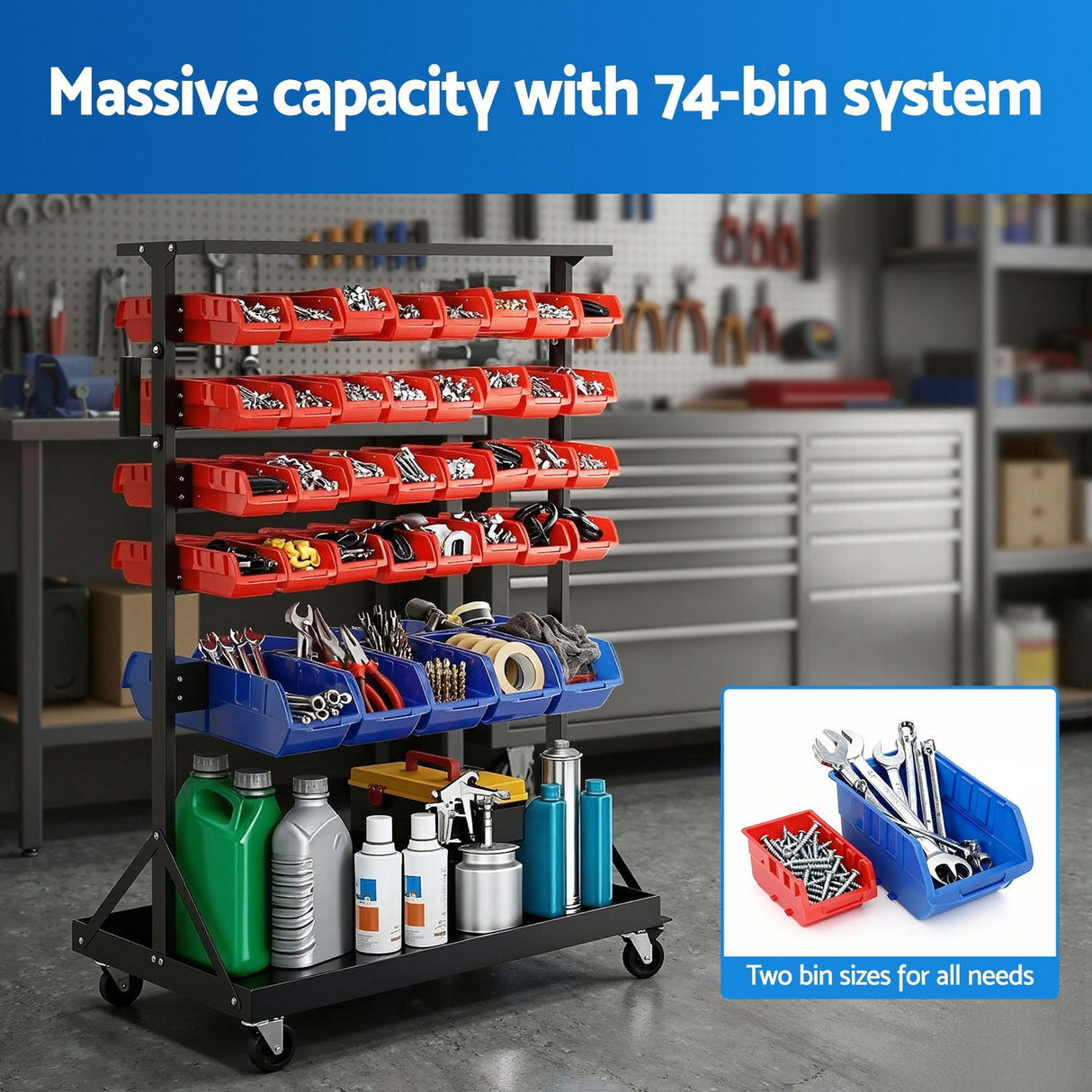 74 Bin Double Sided Mobile Parts Storage Rack in workshop