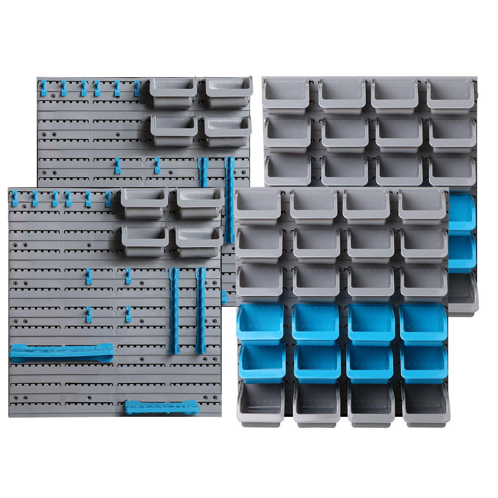 88 piece wall mounted storage bin rack with pegboards and tool holders