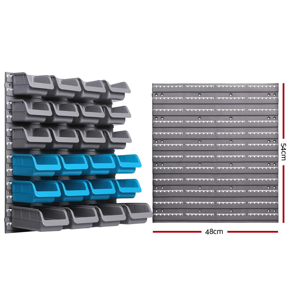 88 piece wall mounted storage bin rack with pegboards and tool holders