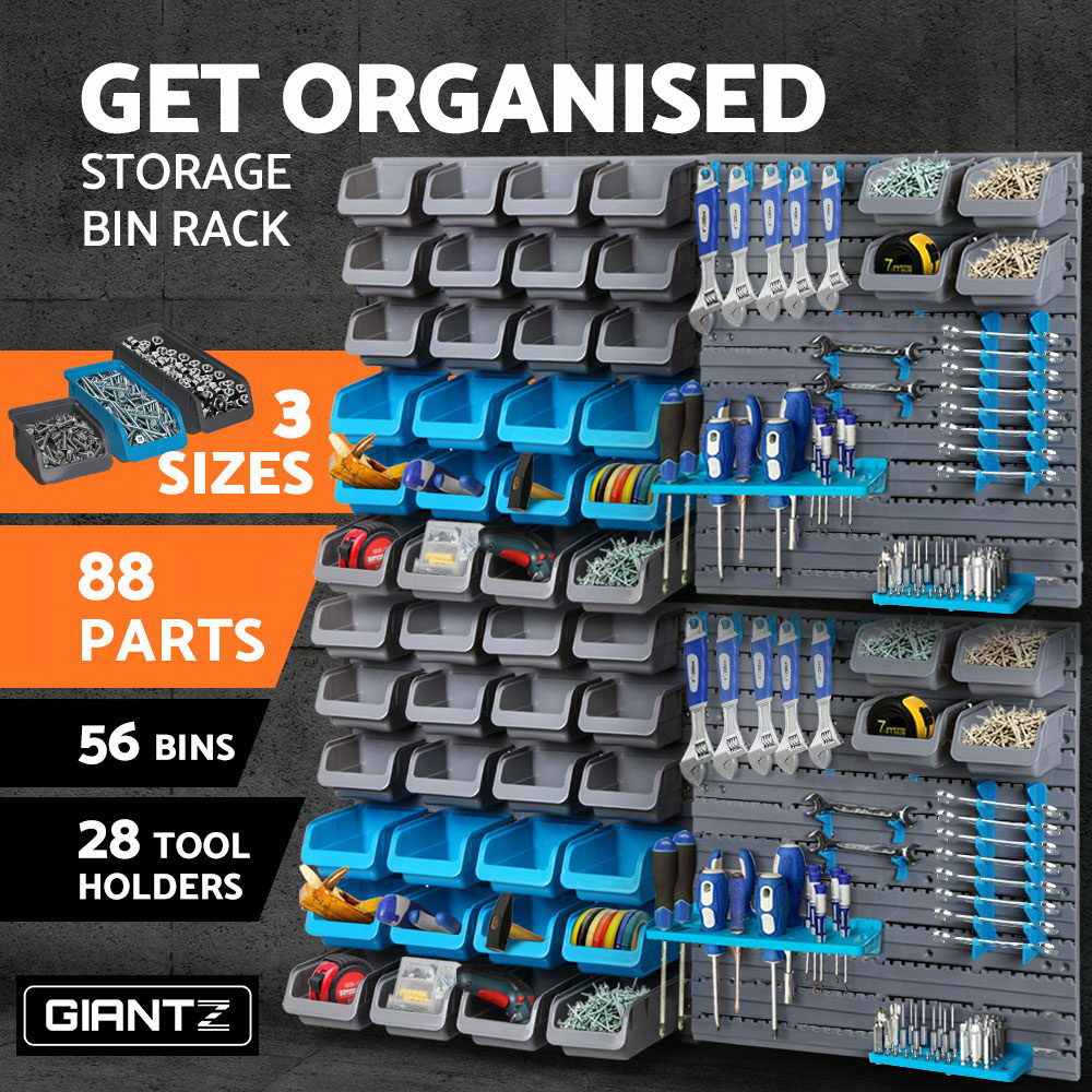 88 piece wall mounted storage bin rack with pegboards and tool holders