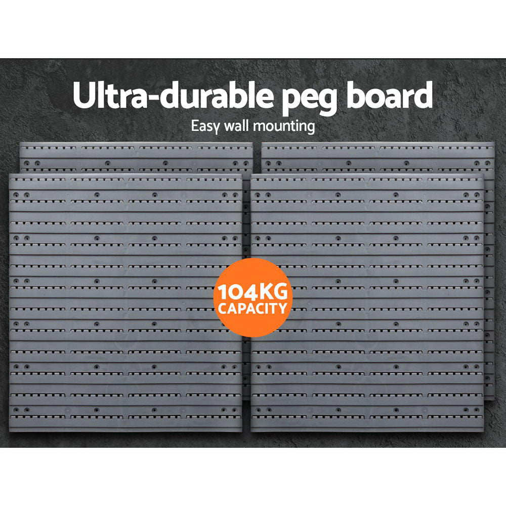 88 piece wall mounted storage bin rack with pegboards and tool holders
