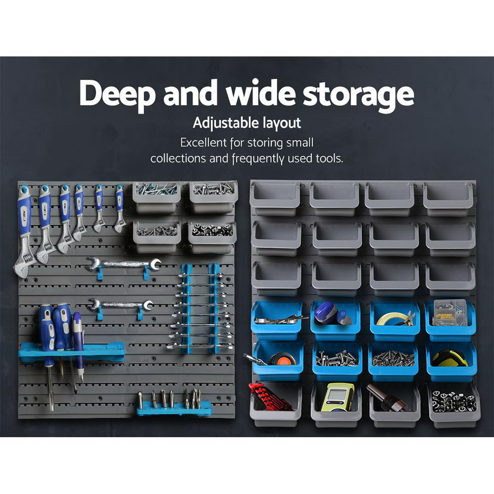 88 piece wall mounted storage bin rack with pegboards and tool holders