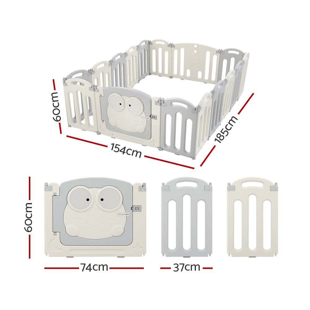 Baby Playpen with 16 Panels and Safety Gate, Grey and White - view 2