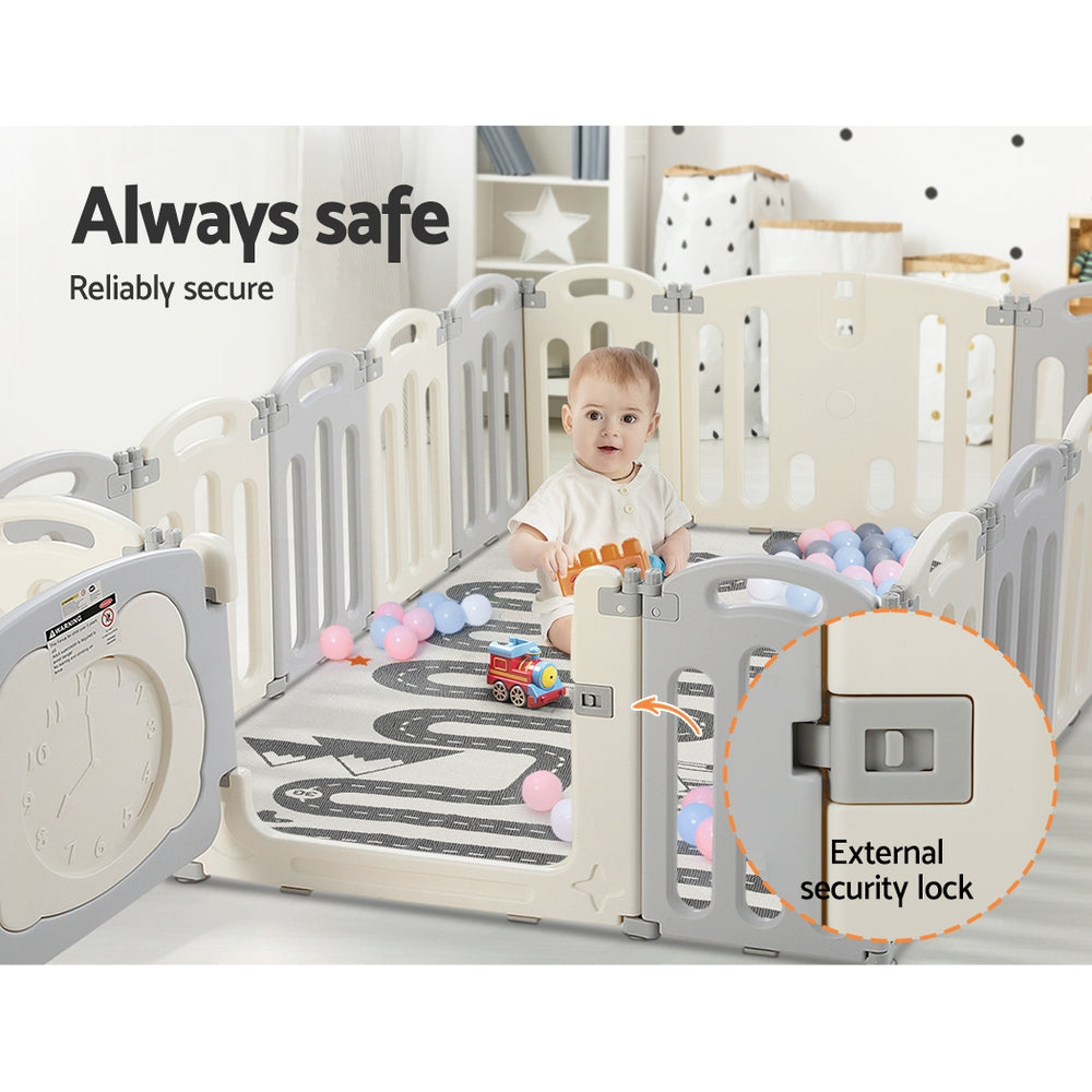 Baby Playpen with 16 Panels and Safety Gate, Grey and White - view 5