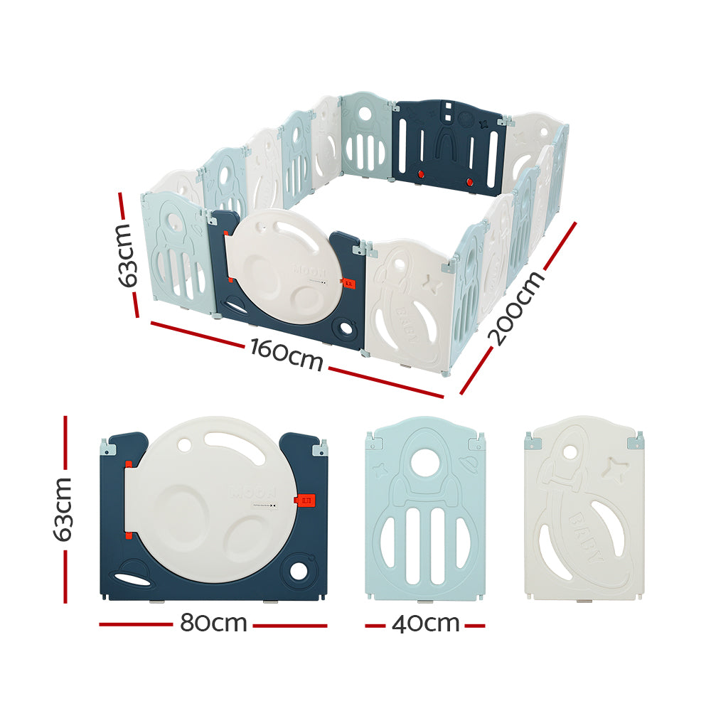 Baby Playpen with 16 Panels and Safety Gate, Blue and White - view 2