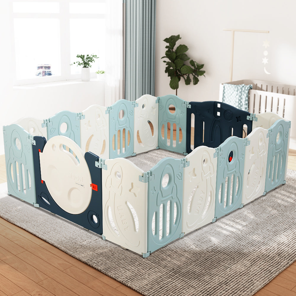 Baby Playpen with 16 Panels and Safety Gate, Blue and White - view 8