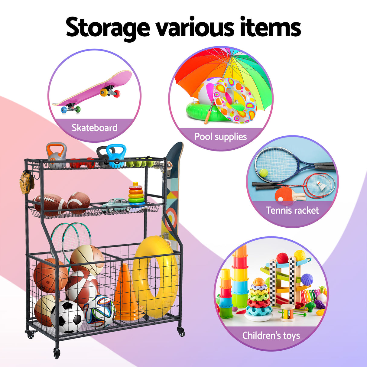 Sports equipment storage trolley with wheels, black