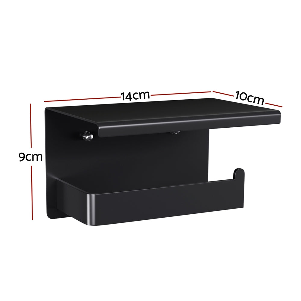 Wall mounted black toilet roll holder with a phone resting on its shelf