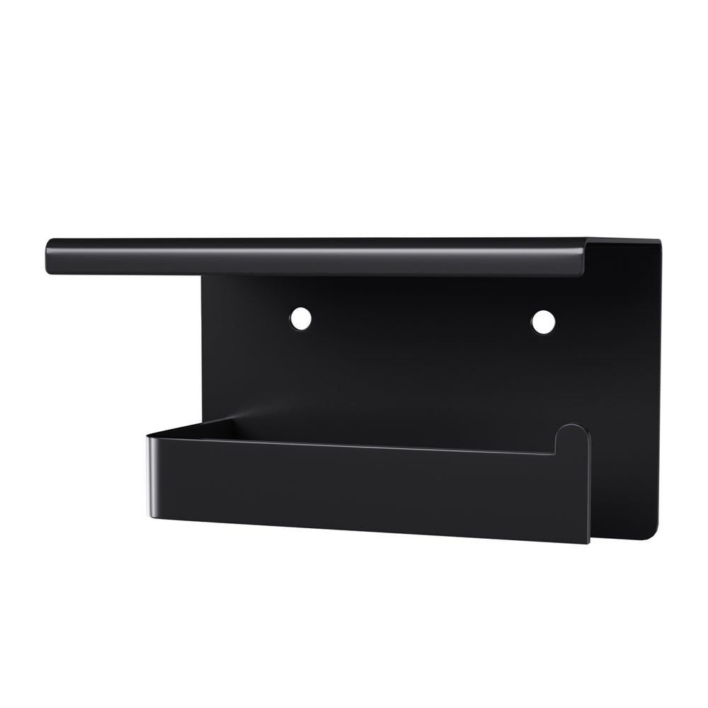 Black toilet paper holder with shelf shown mounted beside a toilet