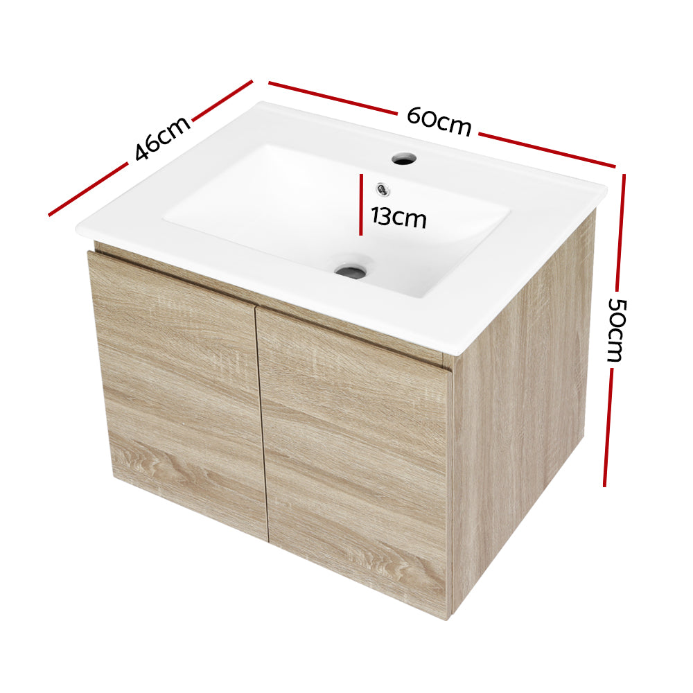 Bordertown 600mm Wall Hung Bathroom Vanity Unit with Basin, Oak