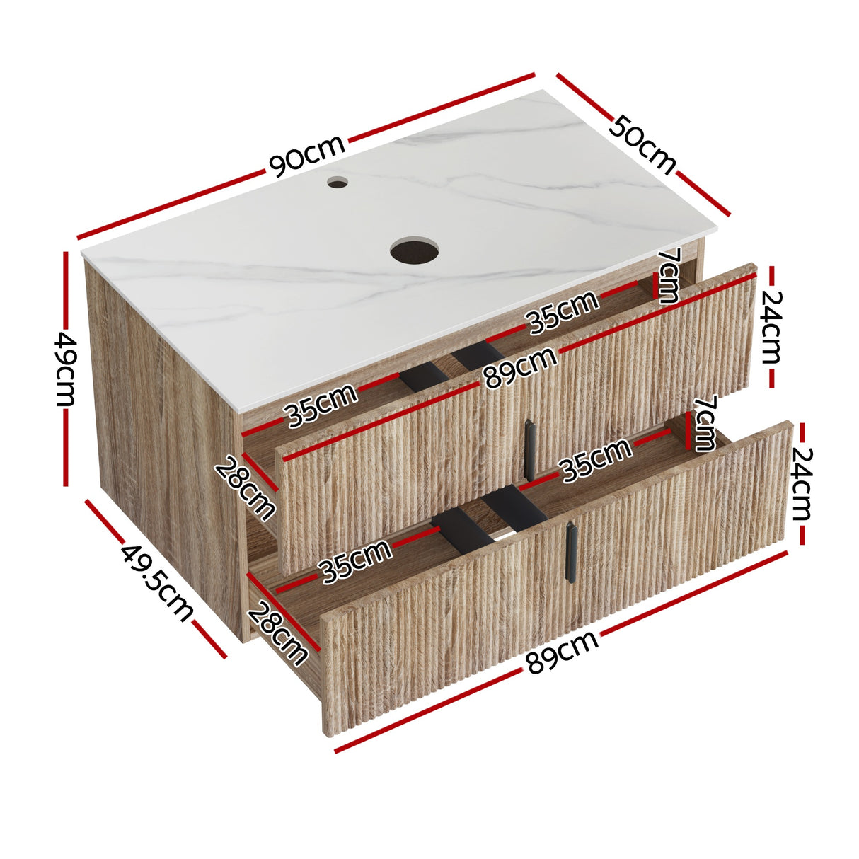 Beachport 900mm wall hung bathroom vanity unit in pine