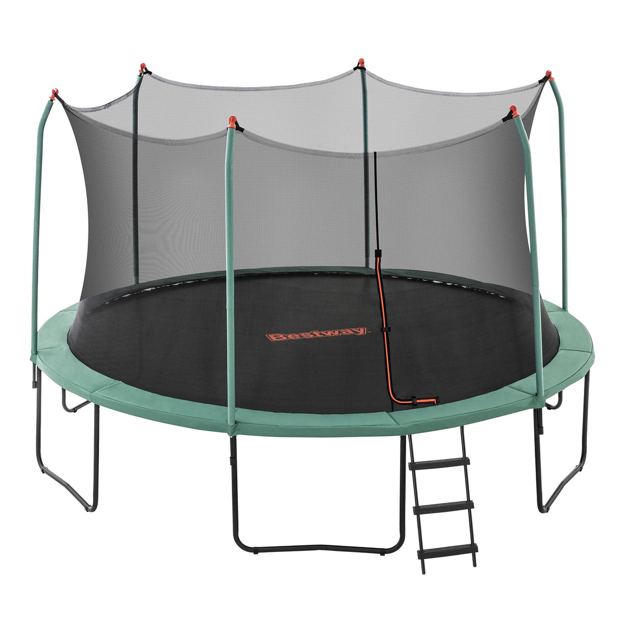 Dark green 14ft round trampoline with full safety enclosure net and ladder in a backyard
