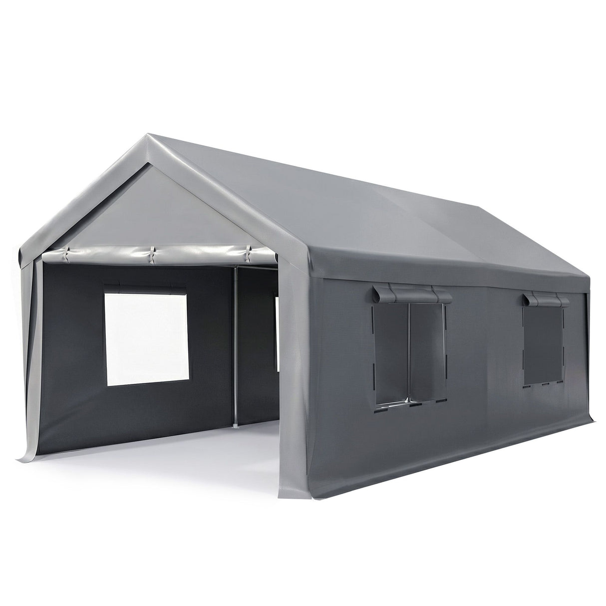Front view of the carport with zippered entrance doors closed