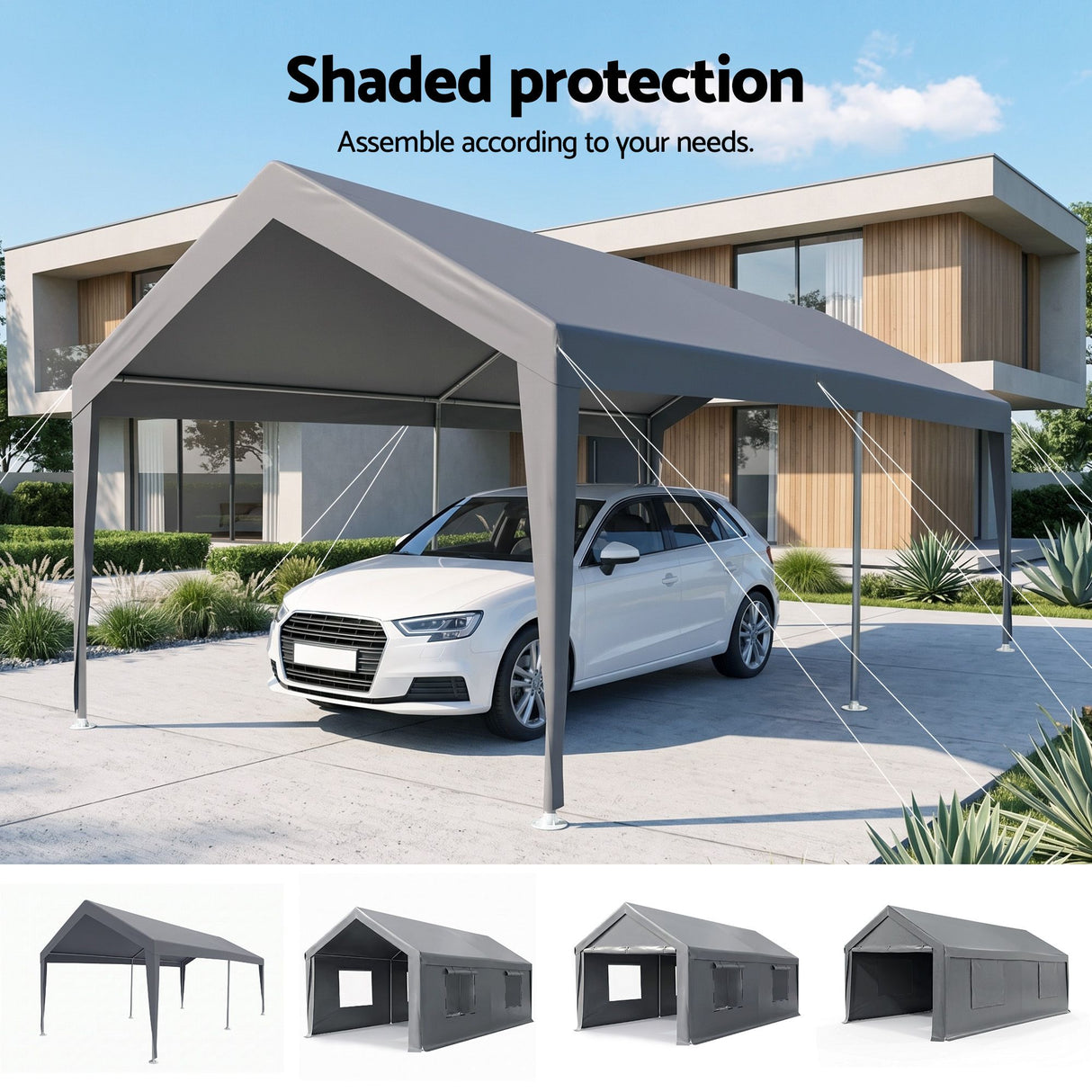 Oxford fabric sandbag weighting down a carport leg