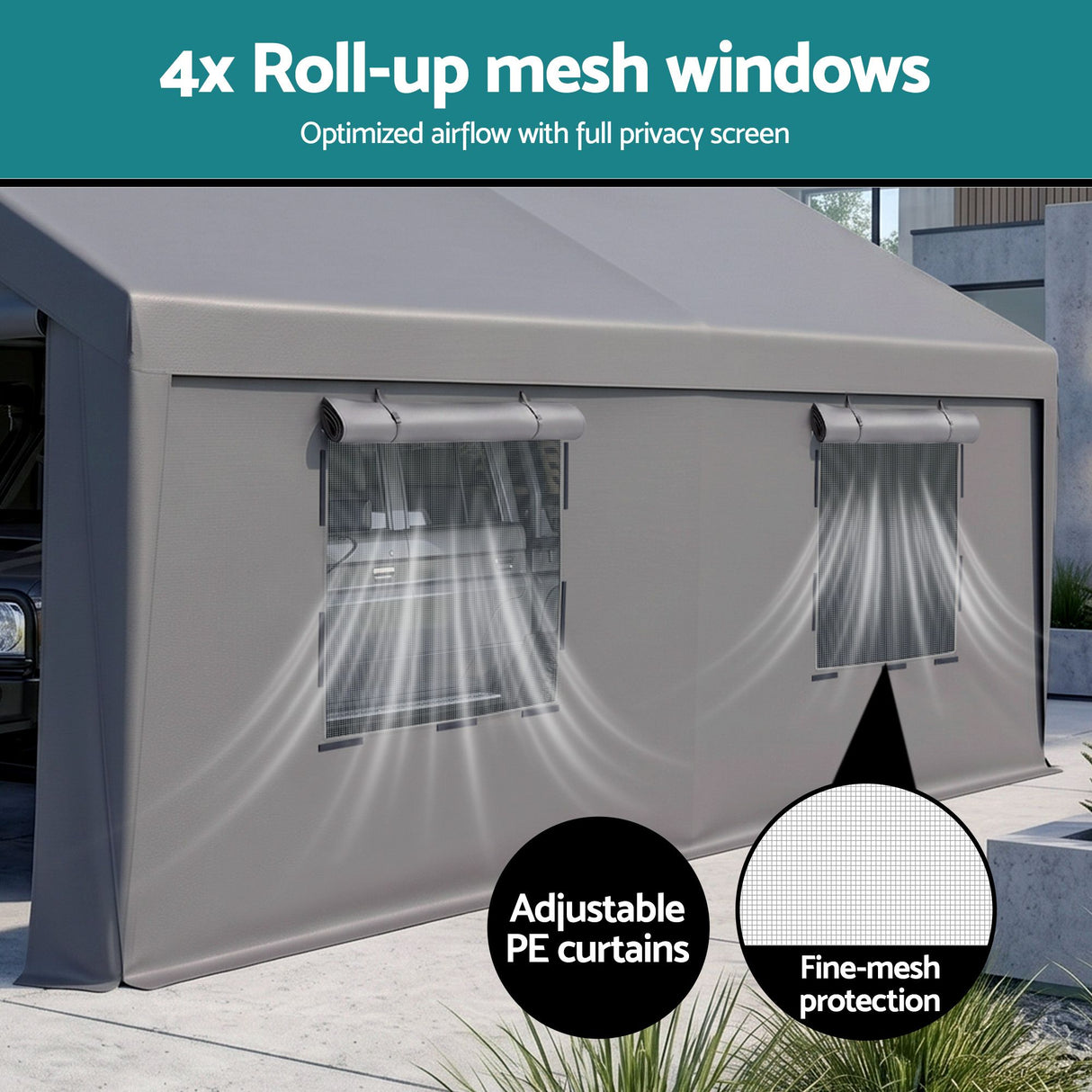 Car parked under the grey carport canopy shelter