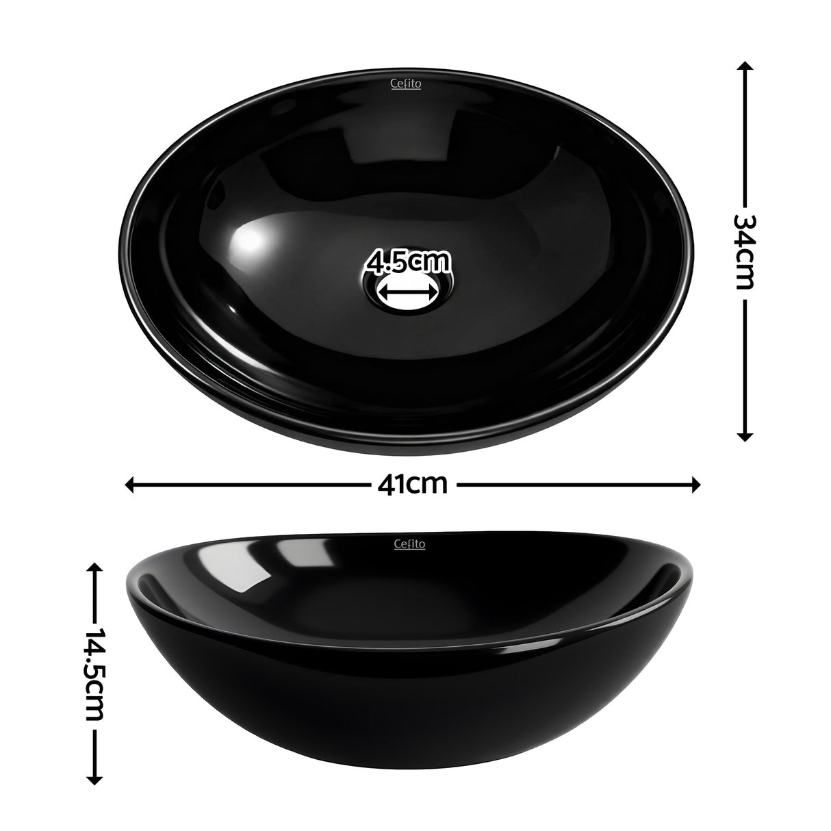 High gloss black oval vessel basin, side profile