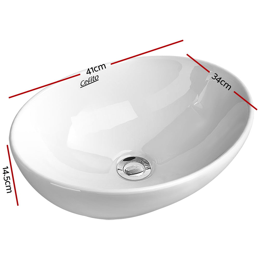 White oval ceramic vanity basin, side profile