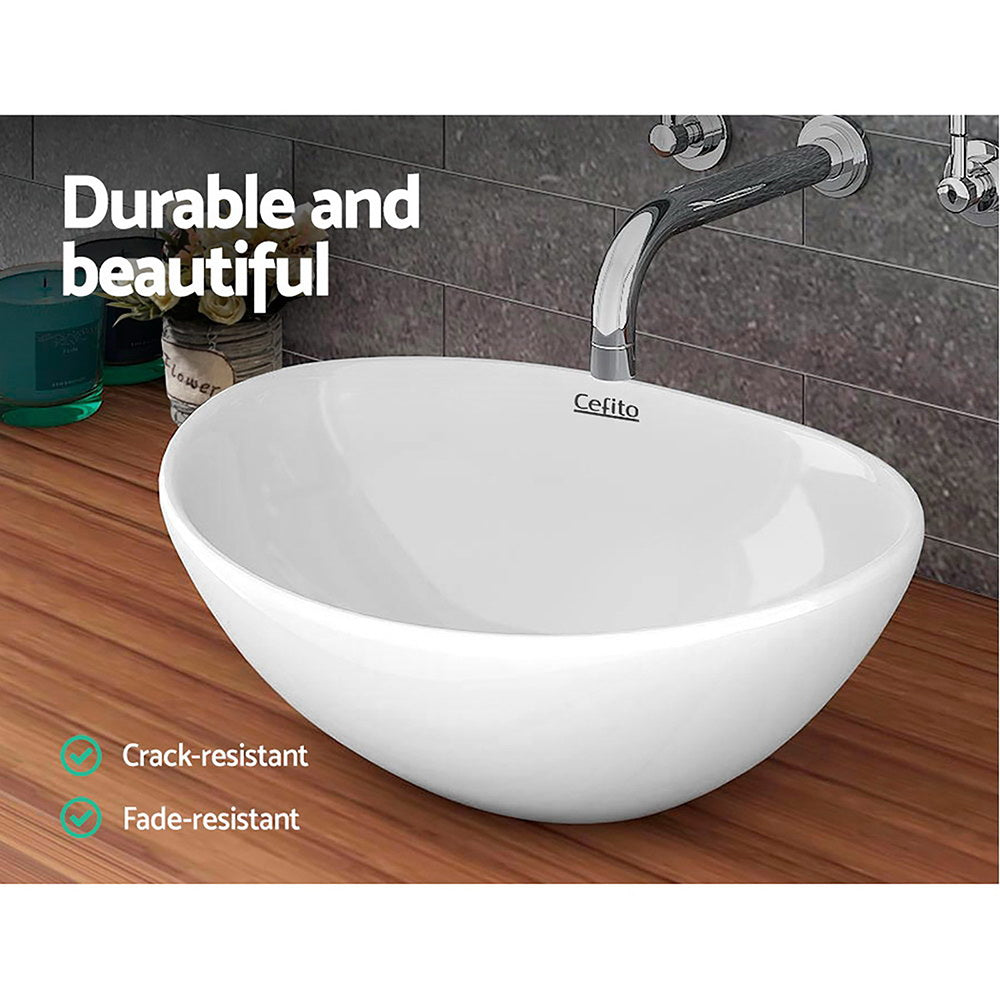 White oval ceramic vanity basin, high gloss finish top view