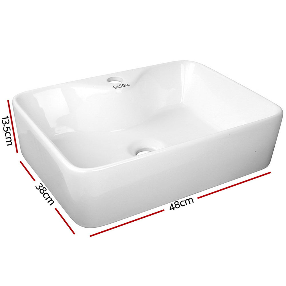 White ceramic vanity wash basin, 48x38cm, side profile